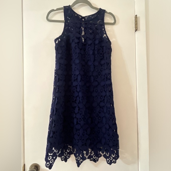 Jump Apparel Dress Women Navy Lightweight Scalloped Hem Flower Lace size 7/8 - Picture 2 of 4